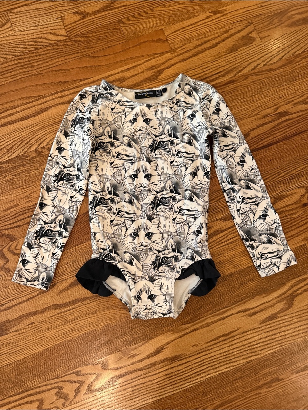 Rock Your Kid Kids Black & White Cat Print Long-Sleeve One-Piece